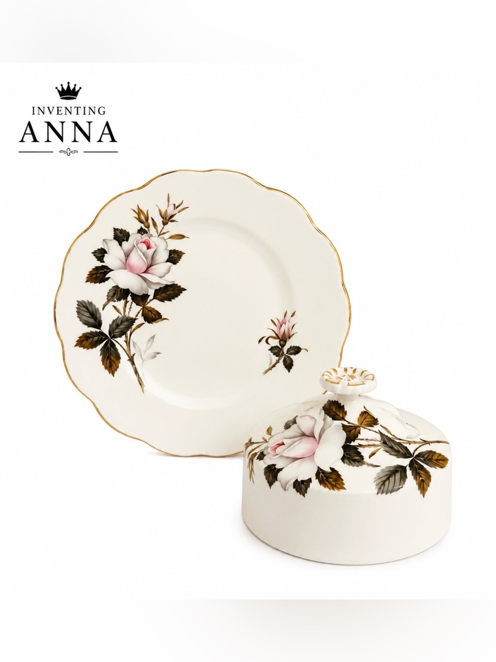 ROYAL ALBERT Queen’s Messenger White and Pink Floral Butter or Cheese Dish